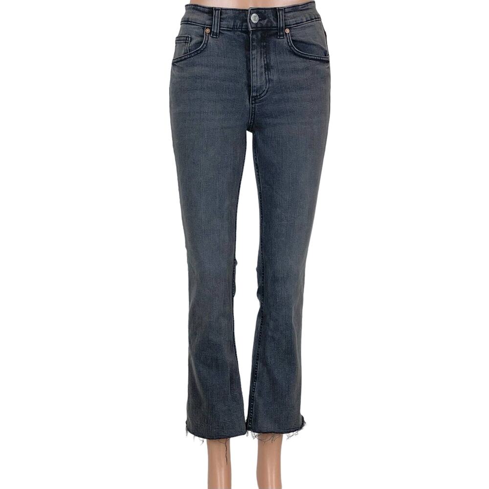 Zara Womens Gray Denim Jeans High Rise Slim Straight Flare Bottoms Raw Hem Sz 2